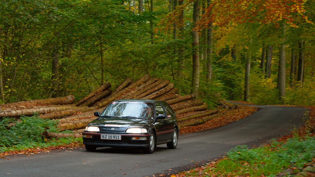 Danmarksmestre i pålidelighedsløb, Bent Mikkelsen og Kurt Rasmussen er her fanget i Søbo Skov i finaleløbet på Fyn
(Foto: Viggo Johansen)
